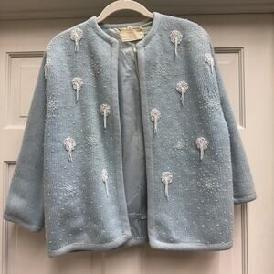 Vintage 1960s Macy's Sky Blue Beaded Cardigan Sweater Fall Winter Cozy Medium